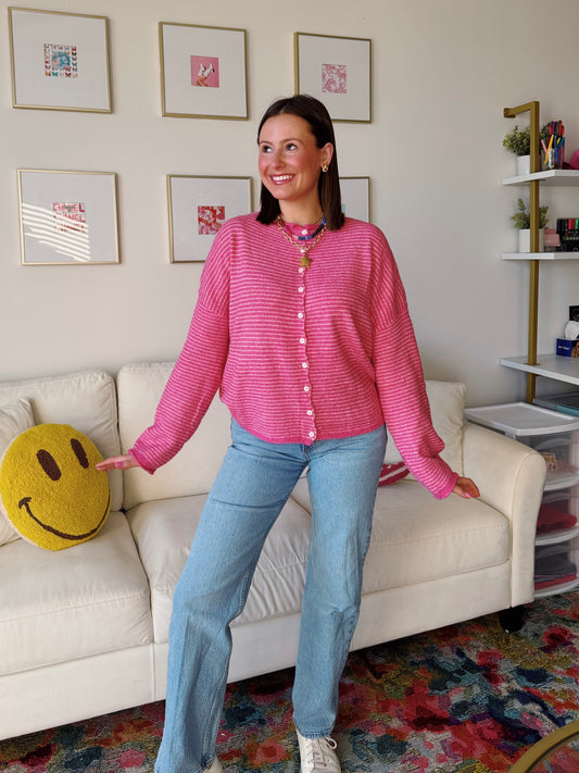 Coffee Run Pinstriped Button Down Cardigan