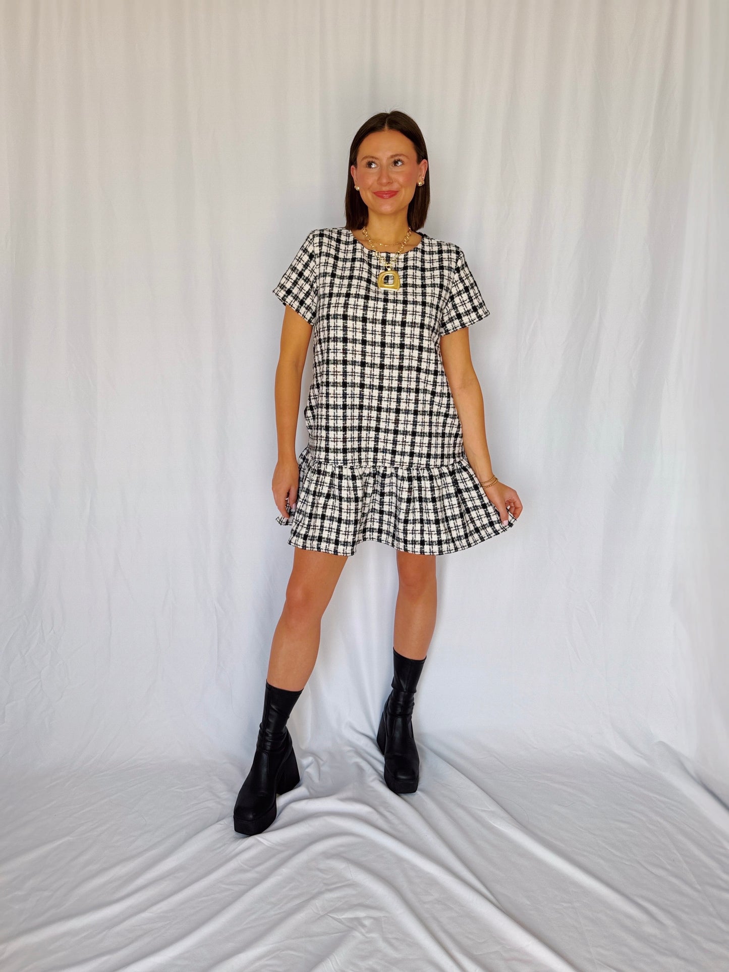 Across The Pond Plaid Tweed Dress