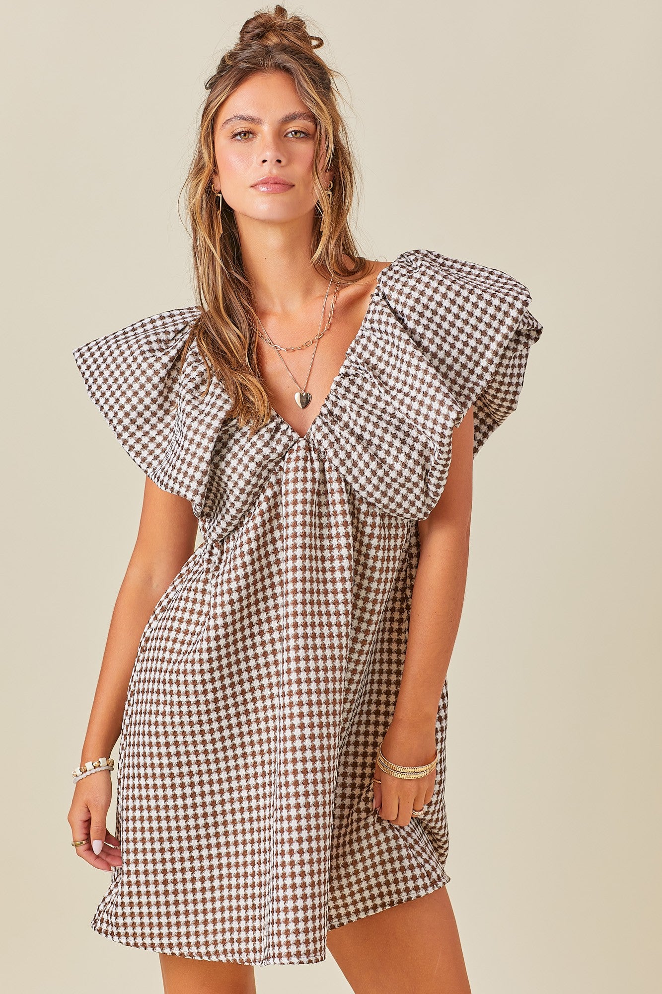 Love You a Latte Houndstooth Babydoll Dress