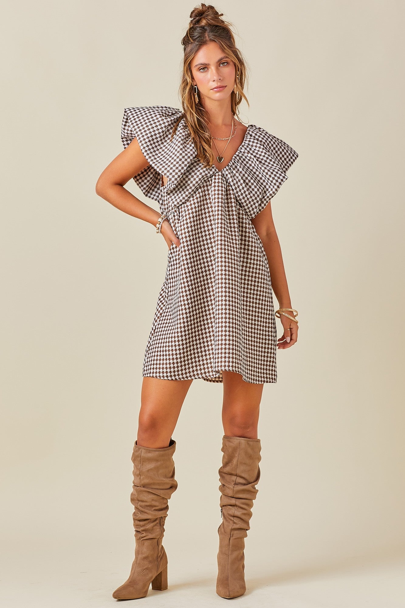 Love You a Latte Houndstooth Babydoll Dress