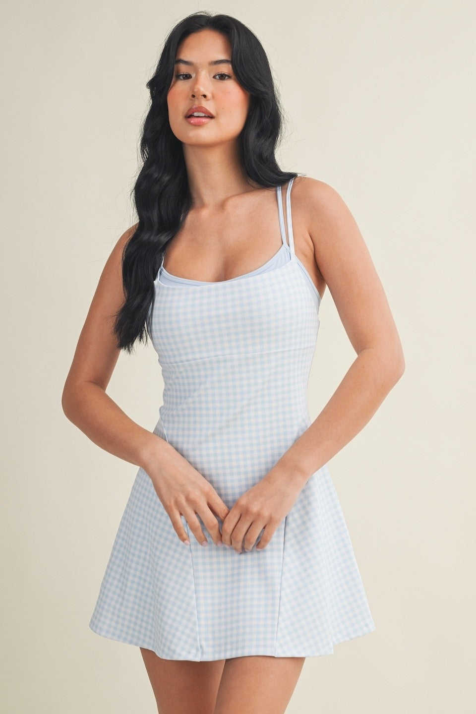 blue and white athletic dress On The Move Gingham Layered Medium flattering fitted bodice is Color:Black/White 7446 Built in shapewear LA PERLA Black Silk
