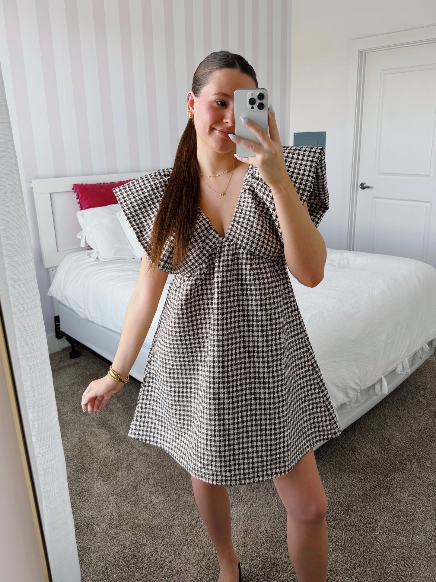 Love You a Latte Houndstooth Babydoll Dress