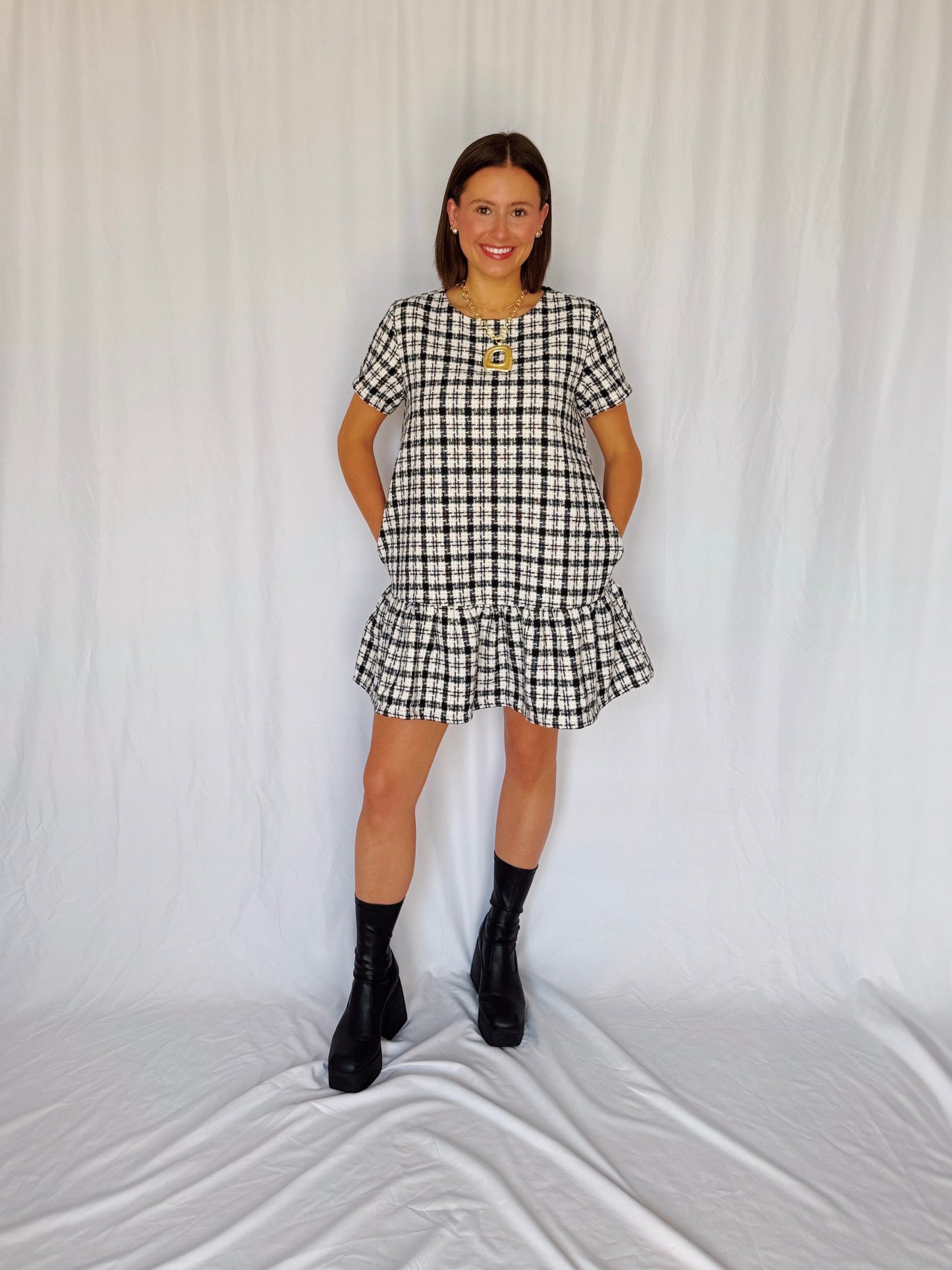 Across The Pond Plaid Tweed Dress