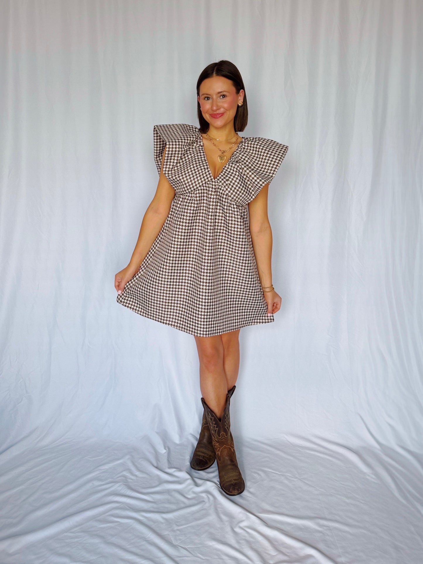 Love You a Latte Houndstooth Babydoll Dress