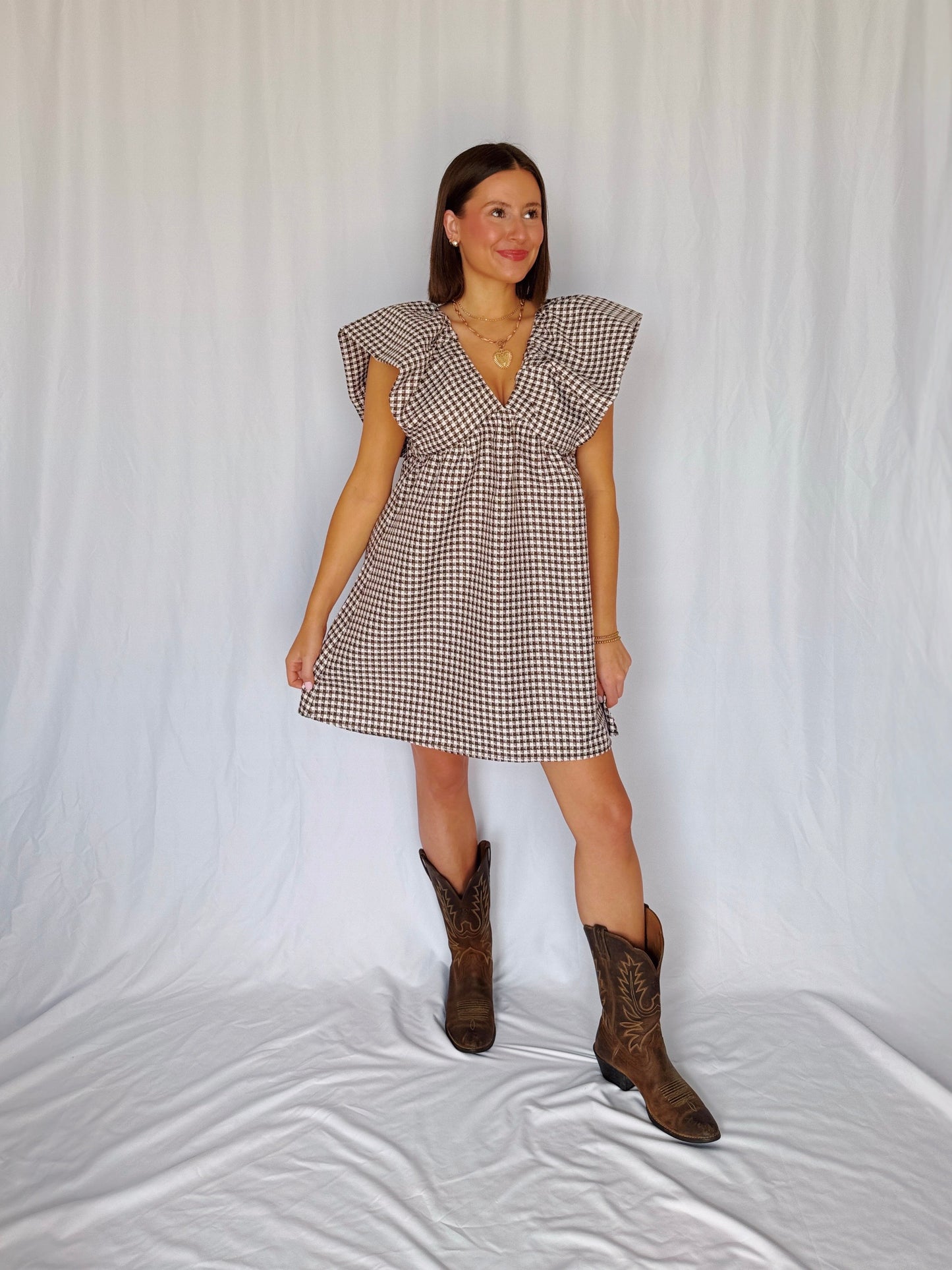 Love You a Latte Houndstooth Babydoll Dress