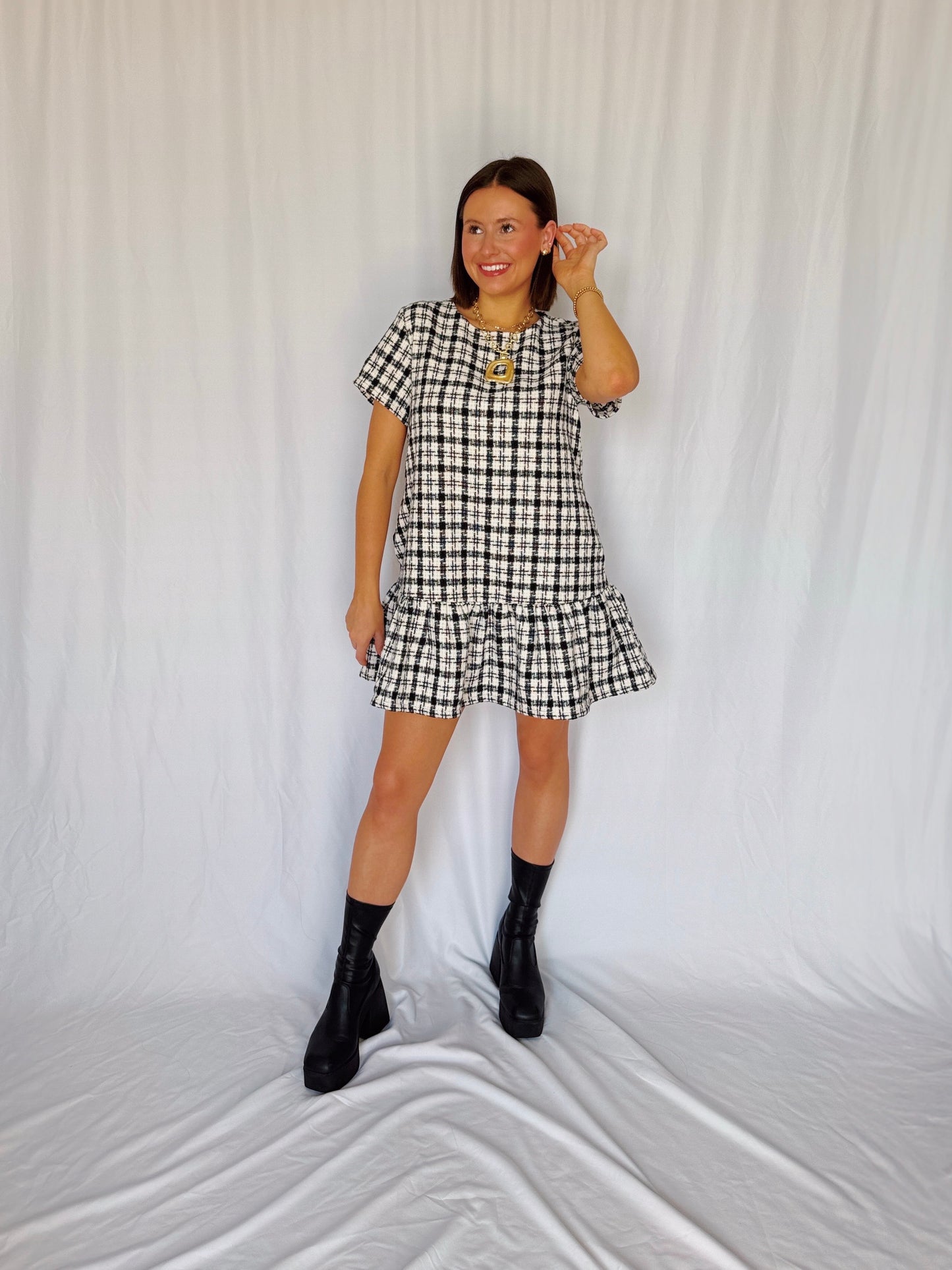 Across The Pond Plaid Tweed Dress