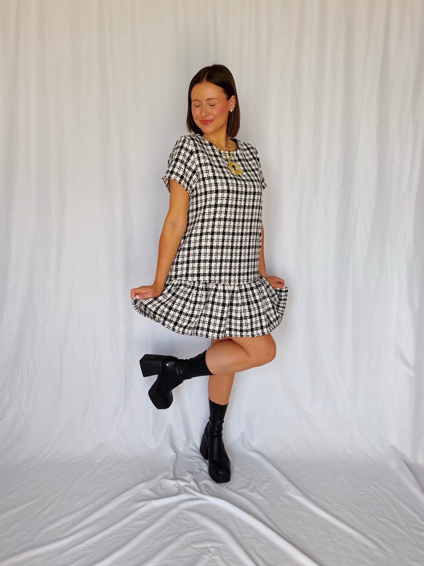Across The Pond Plaid Tweed Dress