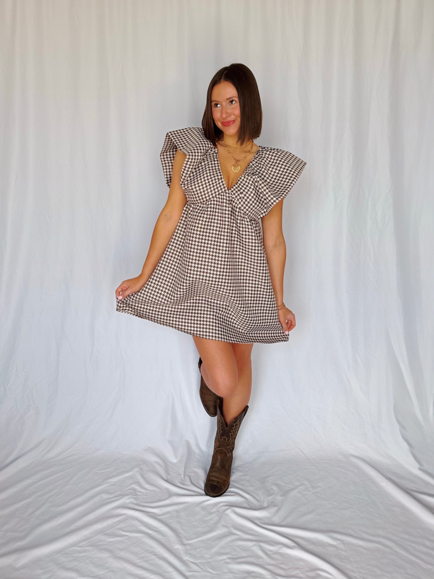 Love You a Latte Houndstooth Babydoll Dress
