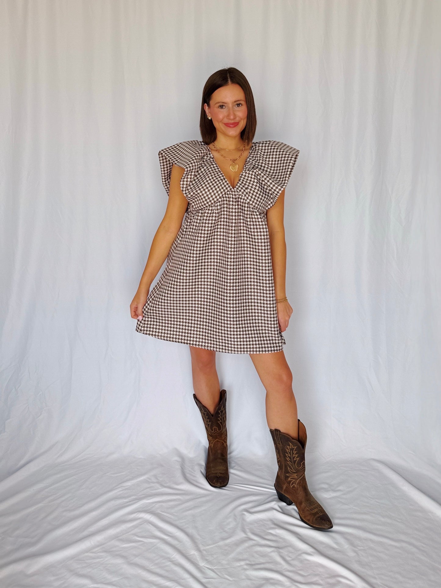 Love You a Latte Houndstooth Babydoll Dress