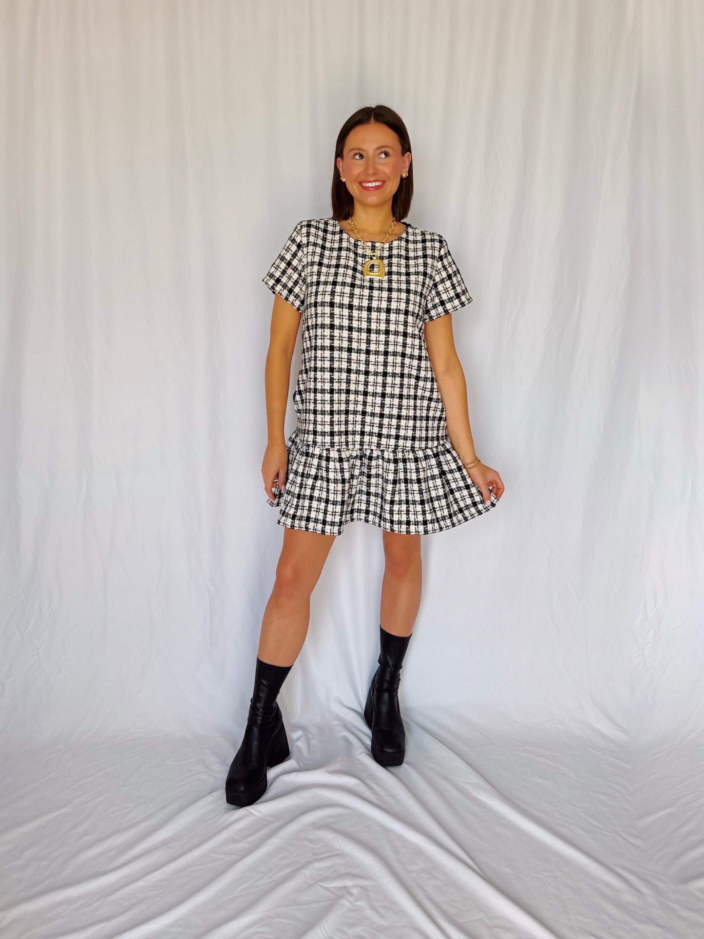 Across The Pond Plaid Tweed Dress