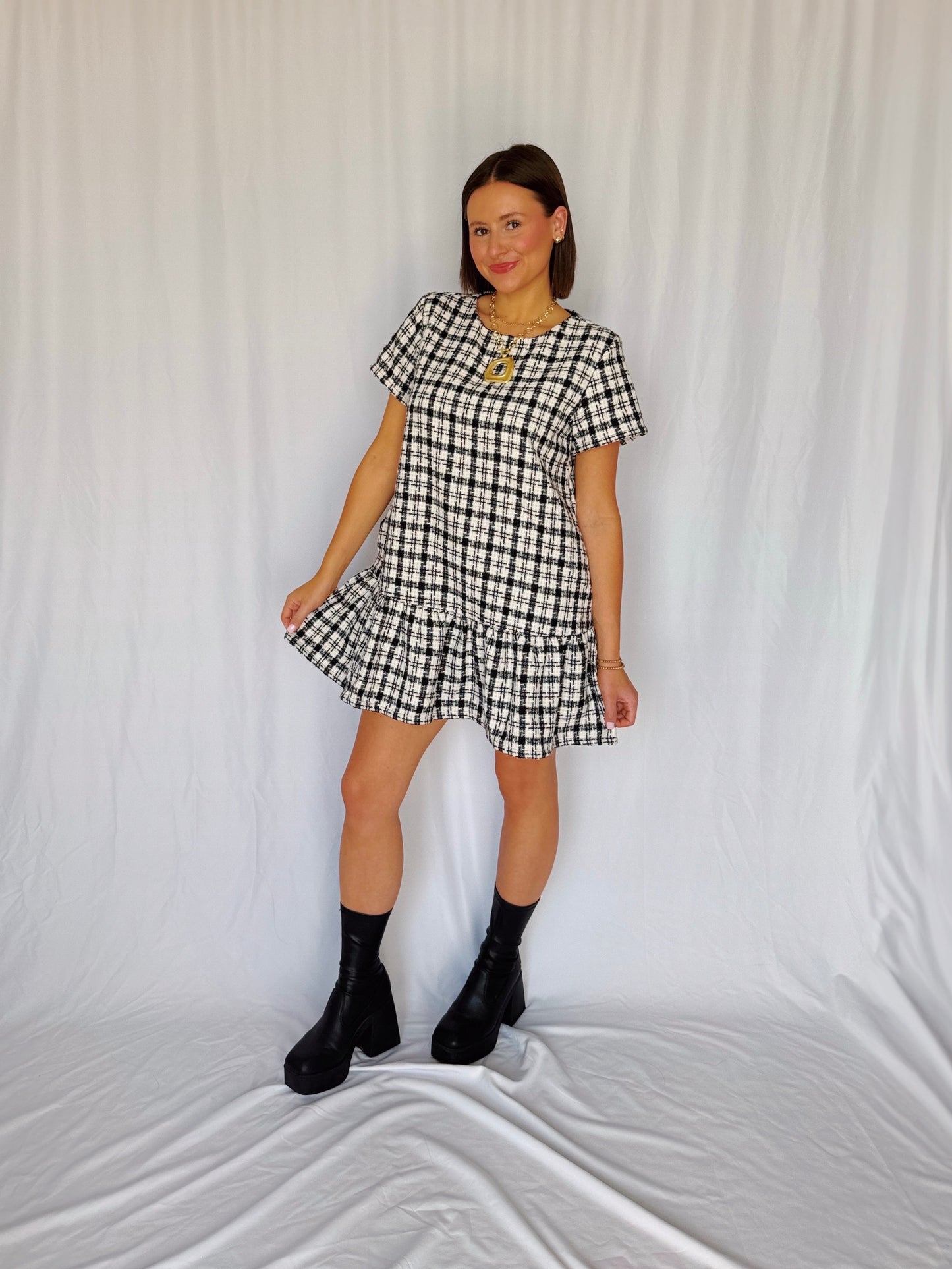Across The Pond Plaid Tweed Dress