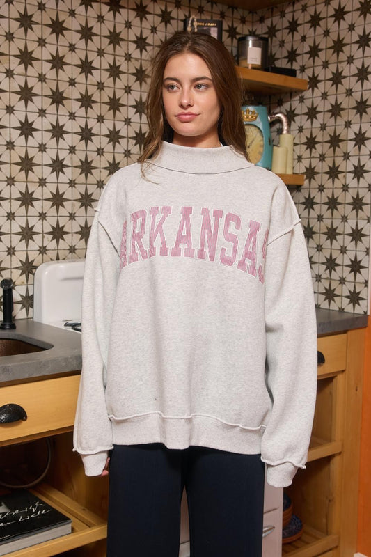 PREORDER: Pinstripe Embroidered Arkansas Mock Neck Sweatshirt (EARLY JULY)