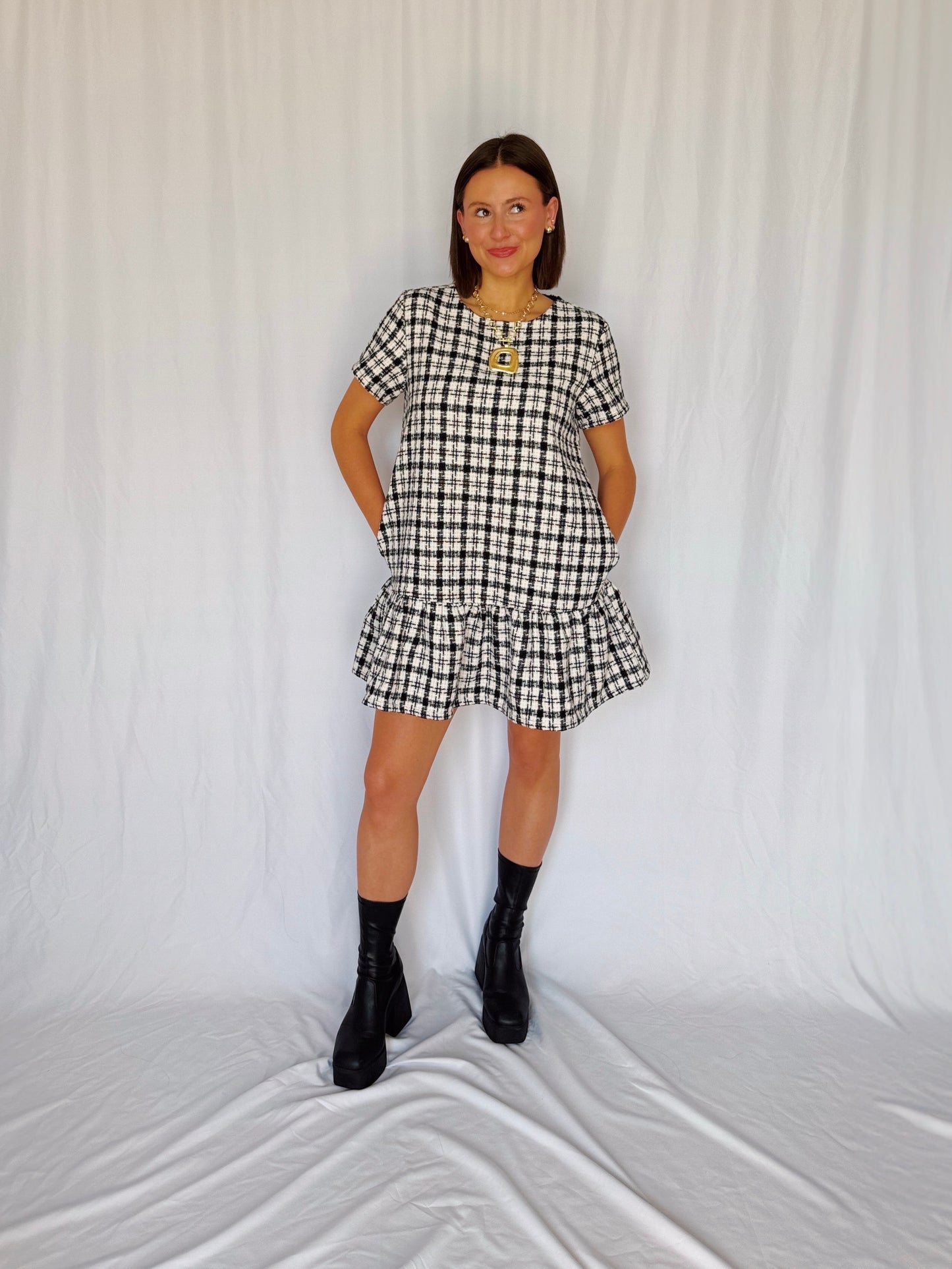Across The Pond Plaid Tweed Dress