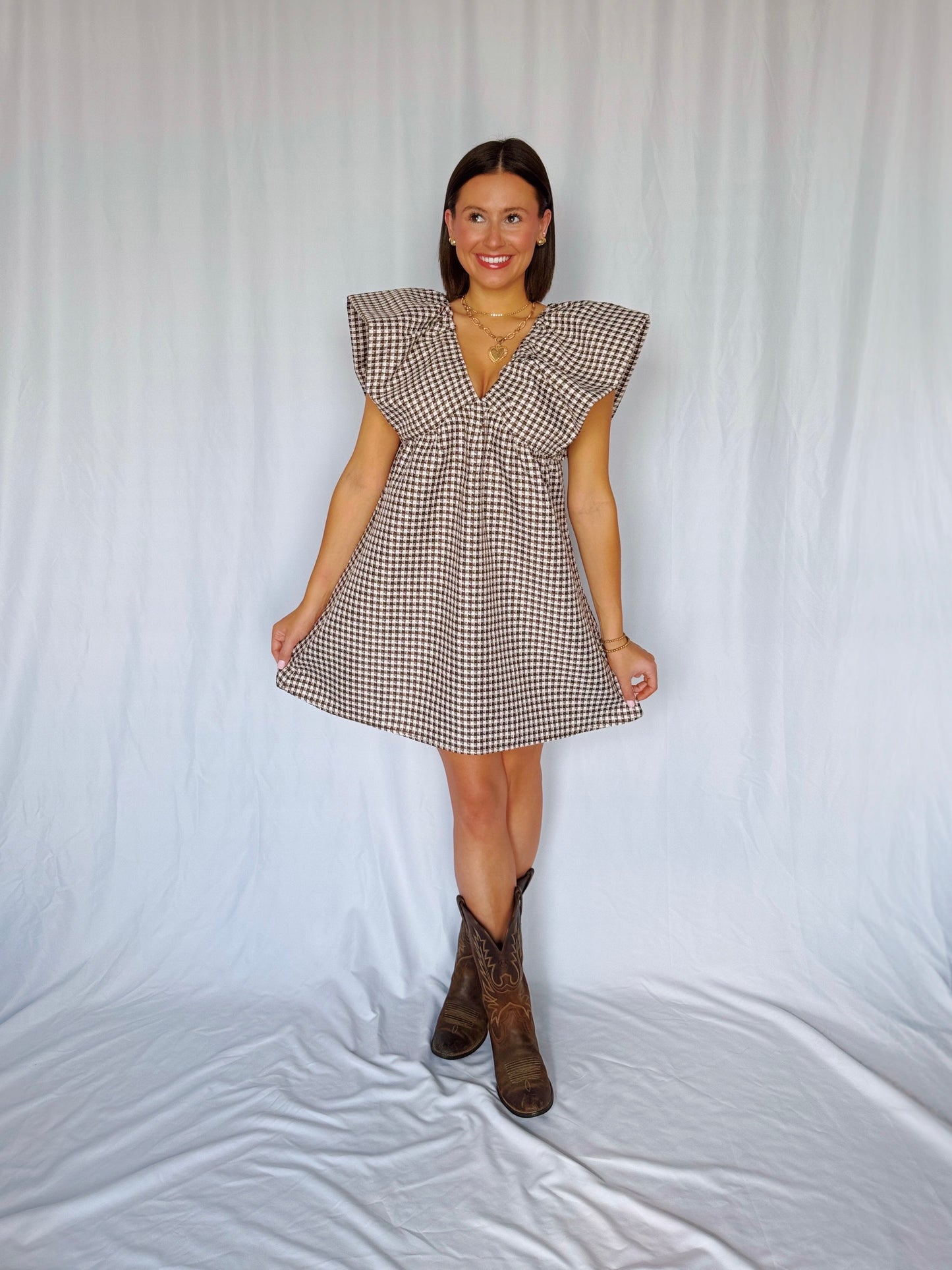 Love You a Latte Houndstooth Babydoll Dress