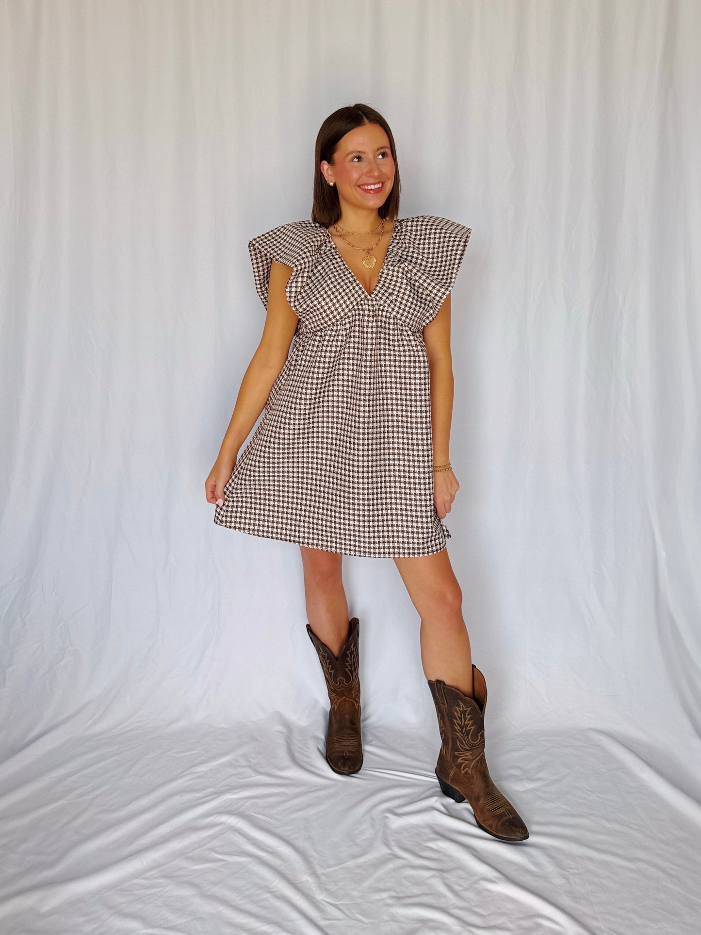 Love You a Latte Houndstooth Babydoll Dress