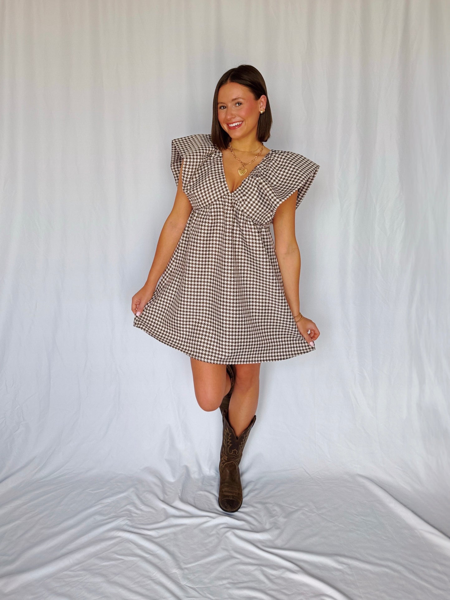 Love You a Latte Houndstooth Babydoll Dress