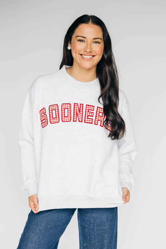 Gingham Embroidered Oklahoma Sooners Mock Neck Sweatshirt