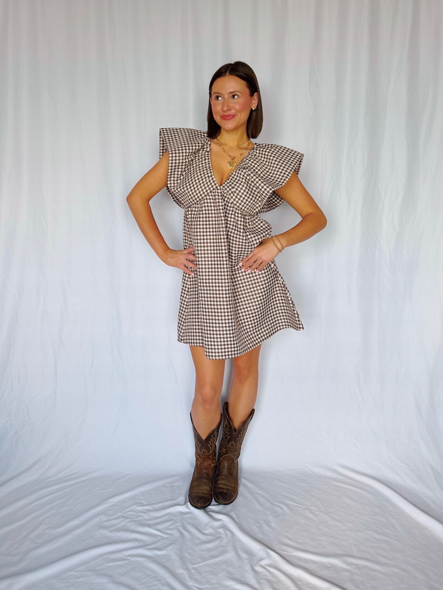Love You a Latte Houndstooth Babydoll Dress