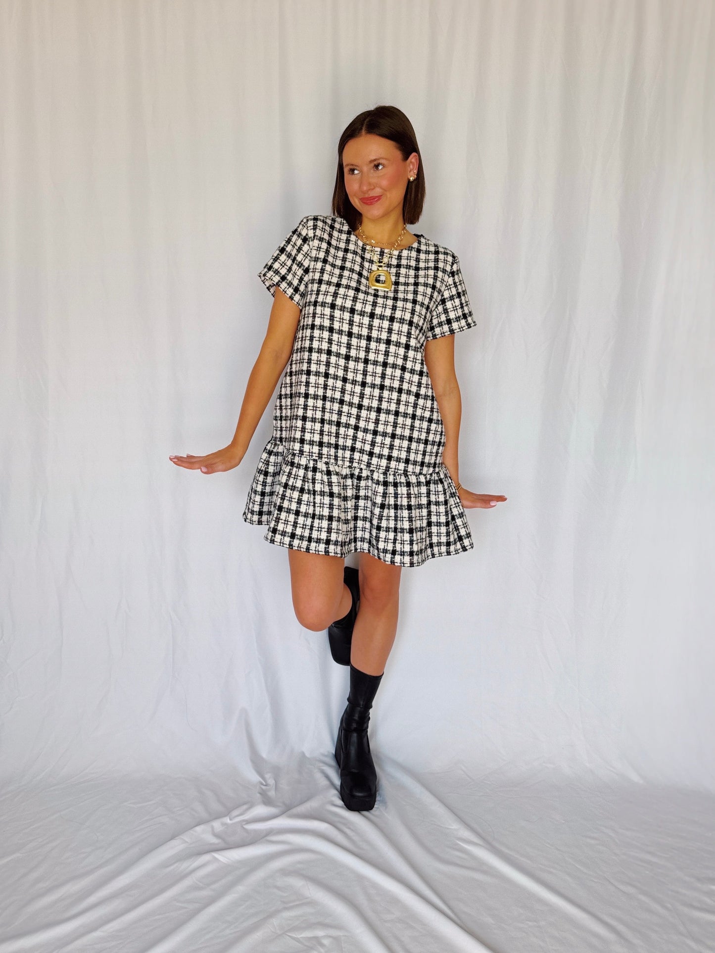 Across The Pond Plaid Tweed Dress