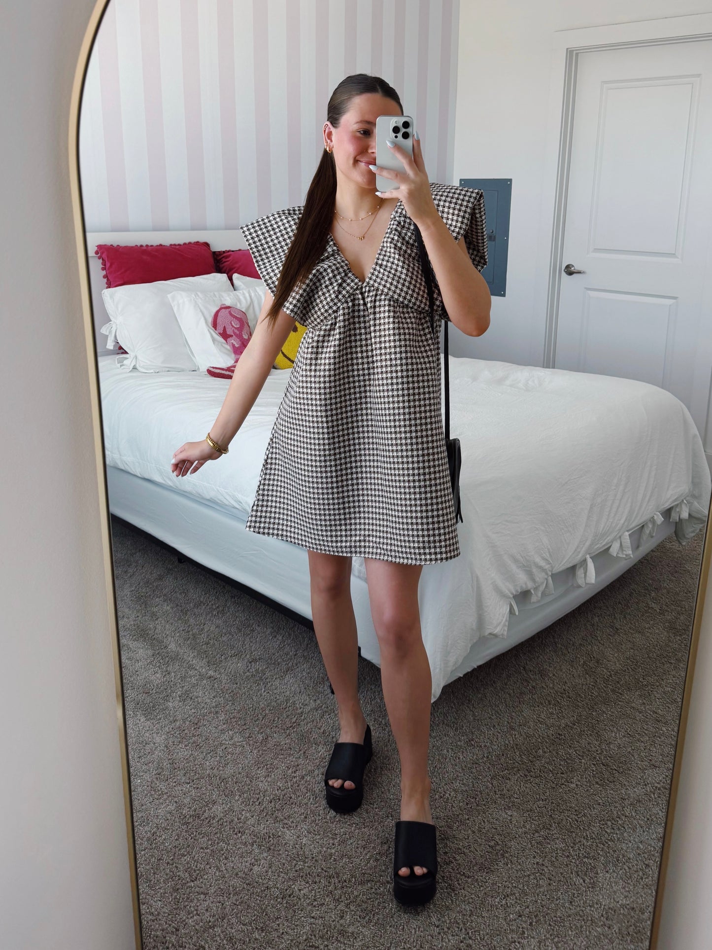 Love You a Latte Houndstooth Babydoll Dress