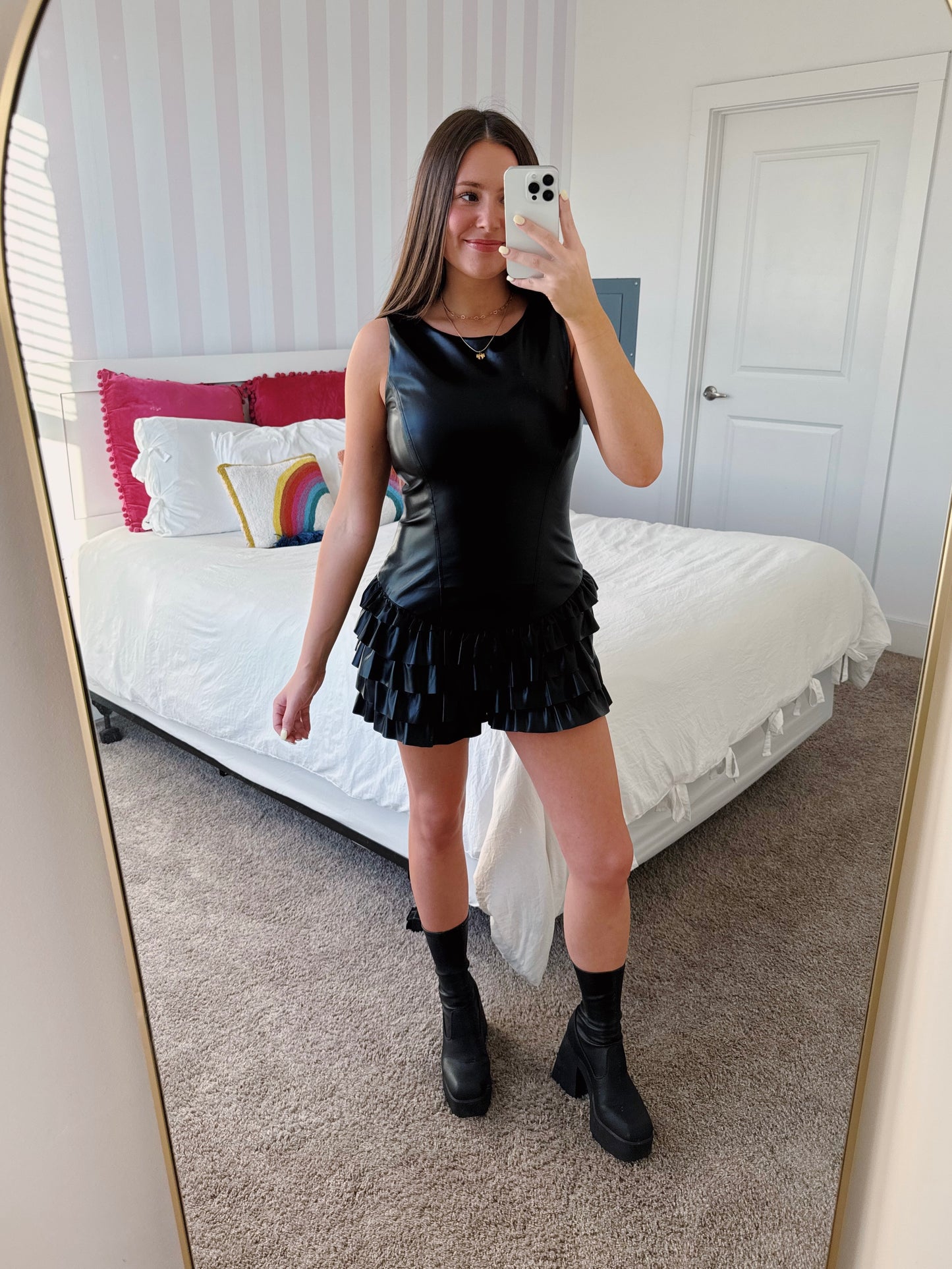 Sugar and Spice Drop Waist Leather Romper