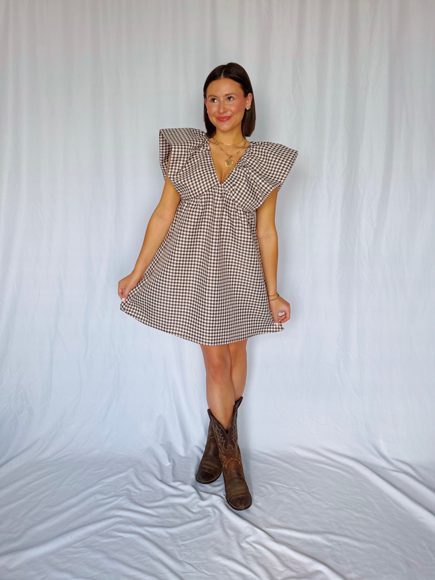 Love You a Latte Houndstooth Babydoll Dress
