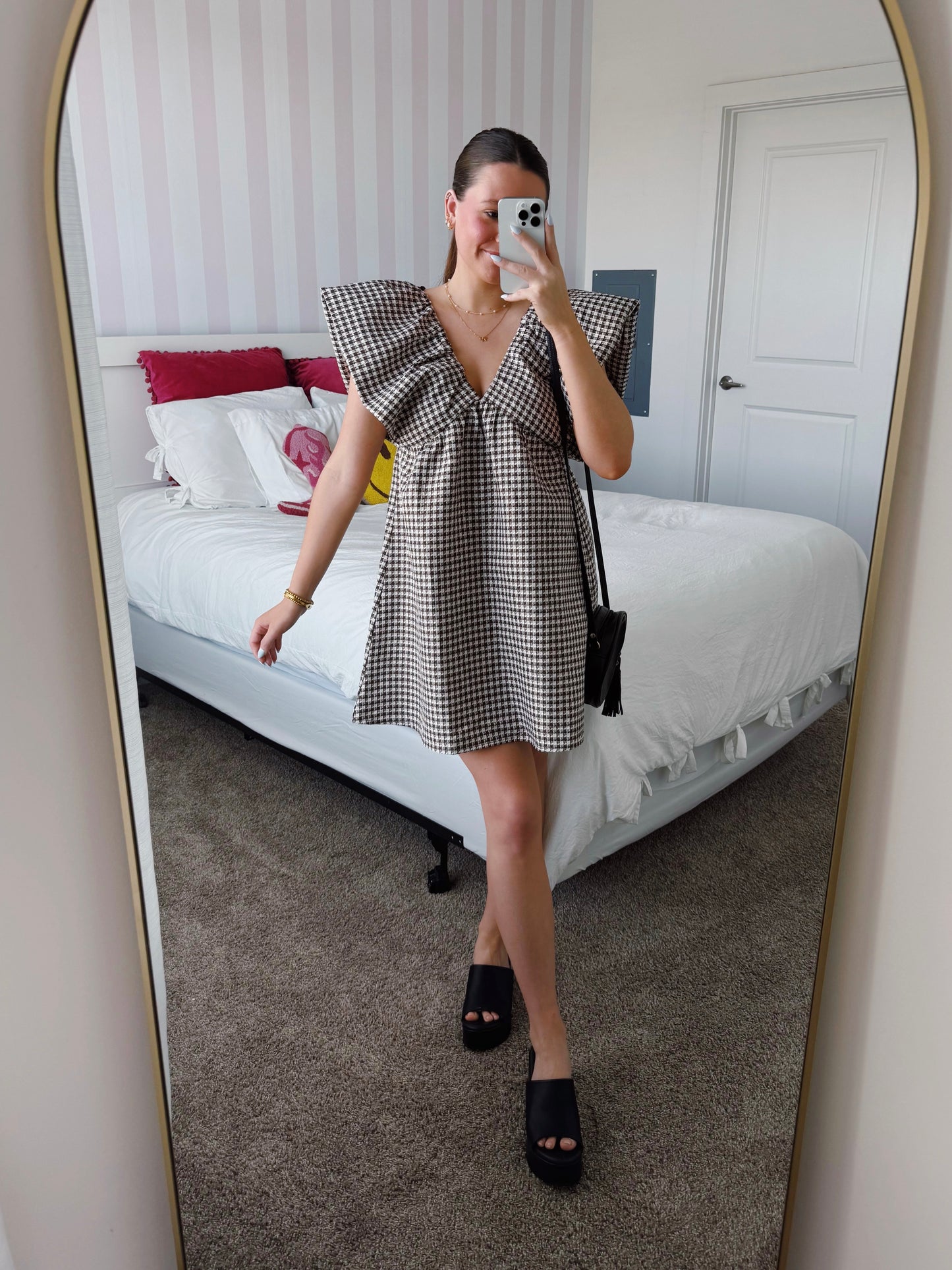 Love You a Latte Houndstooth Babydoll Dress