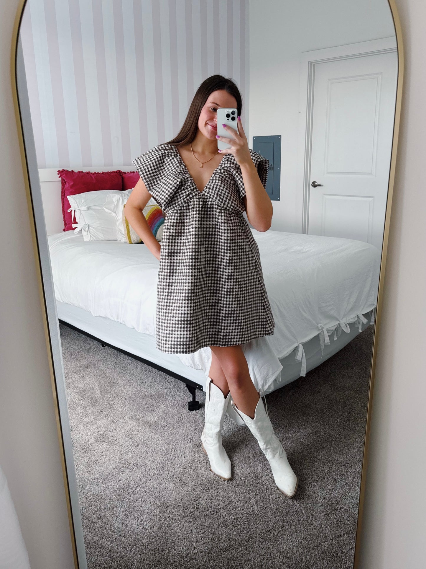 Love You a Latte Houndstooth Babydoll Dress