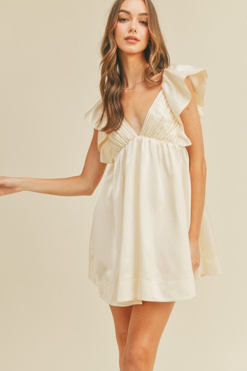 Ruffle Sleeve Pleated Babydoll Dress • Cream