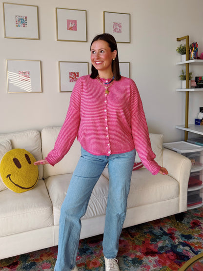 Coffee Run Pinstriped Button Down Cardigan