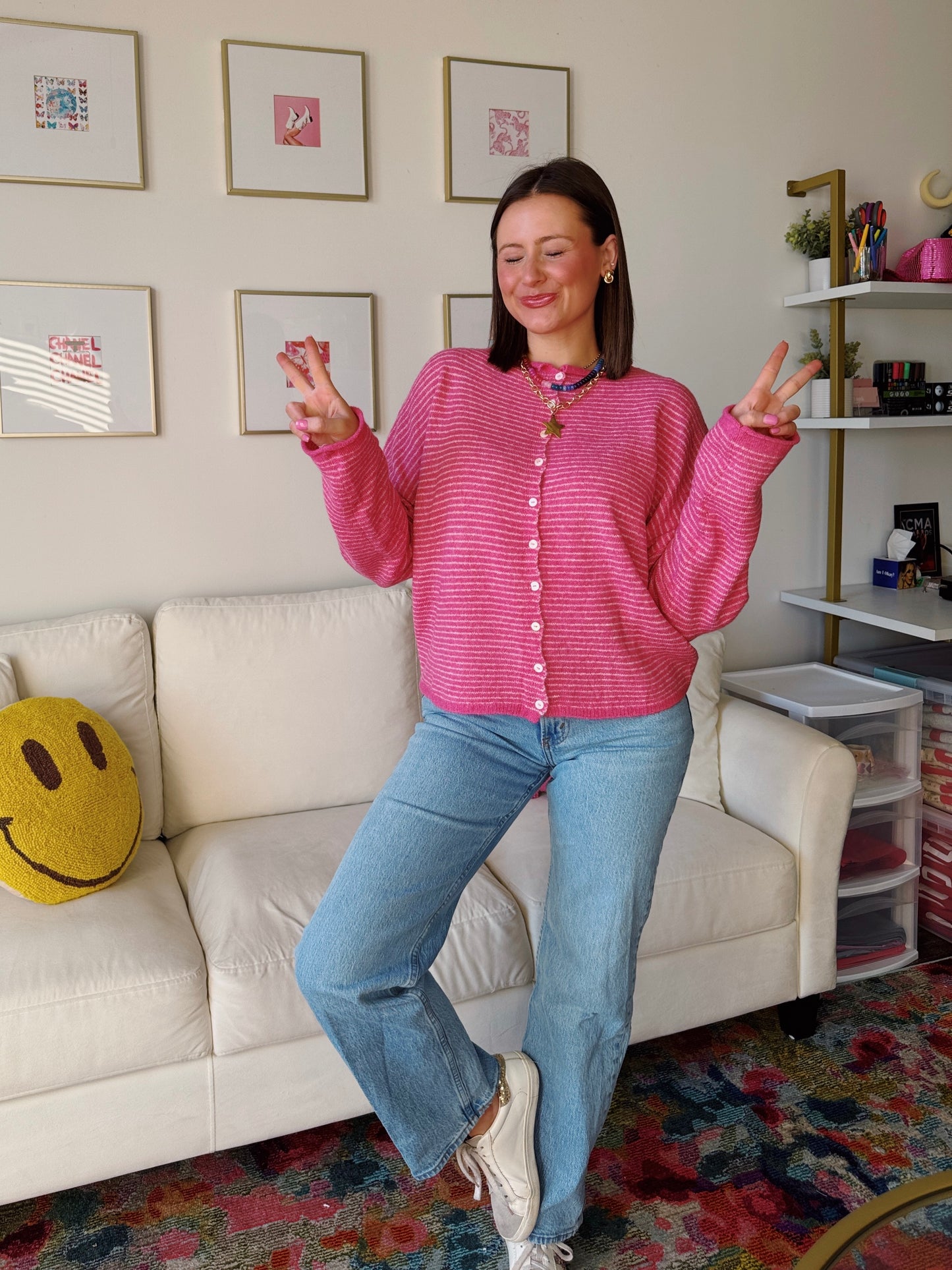 Coffee Run Pinstriped Button Down Cardigan