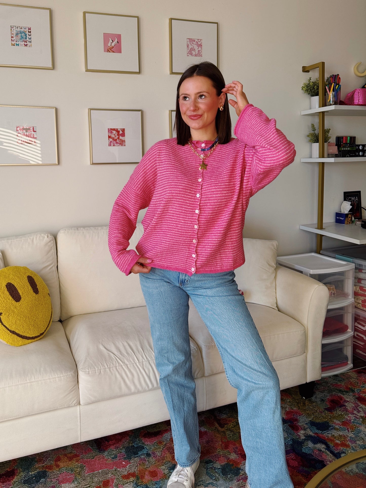 Coffee Run Pinstriped Button Down Cardigan