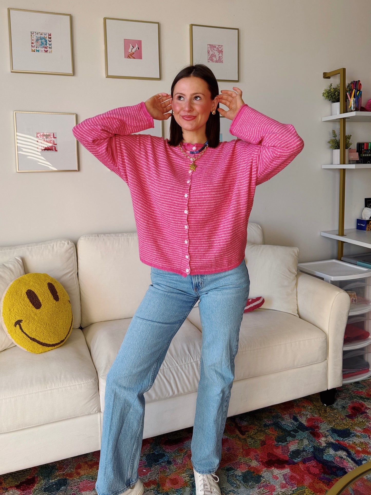 Coffee Run Pinstriped Button Down Cardigan