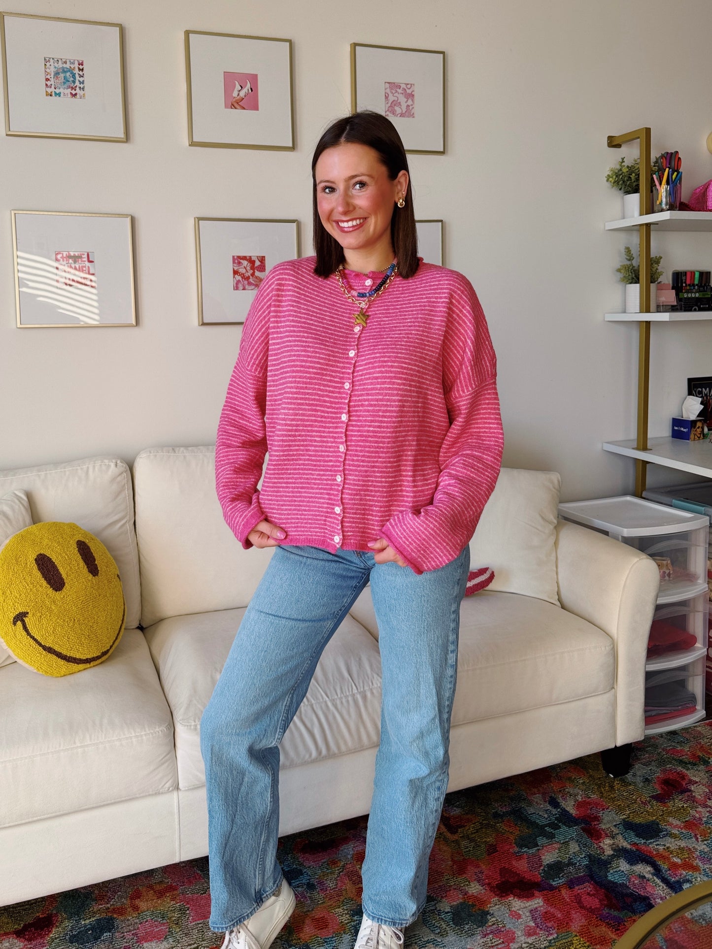 Coffee Run Pinstriped Button Down Cardigan