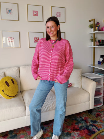 Coffee Run Pinstriped Button Down Cardigan