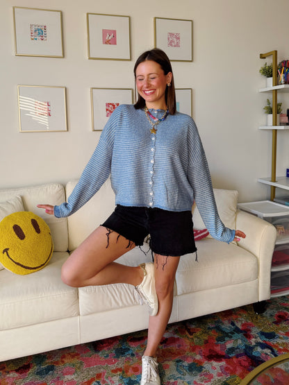 Coffee Run Pinstriped Button Down Cardigan