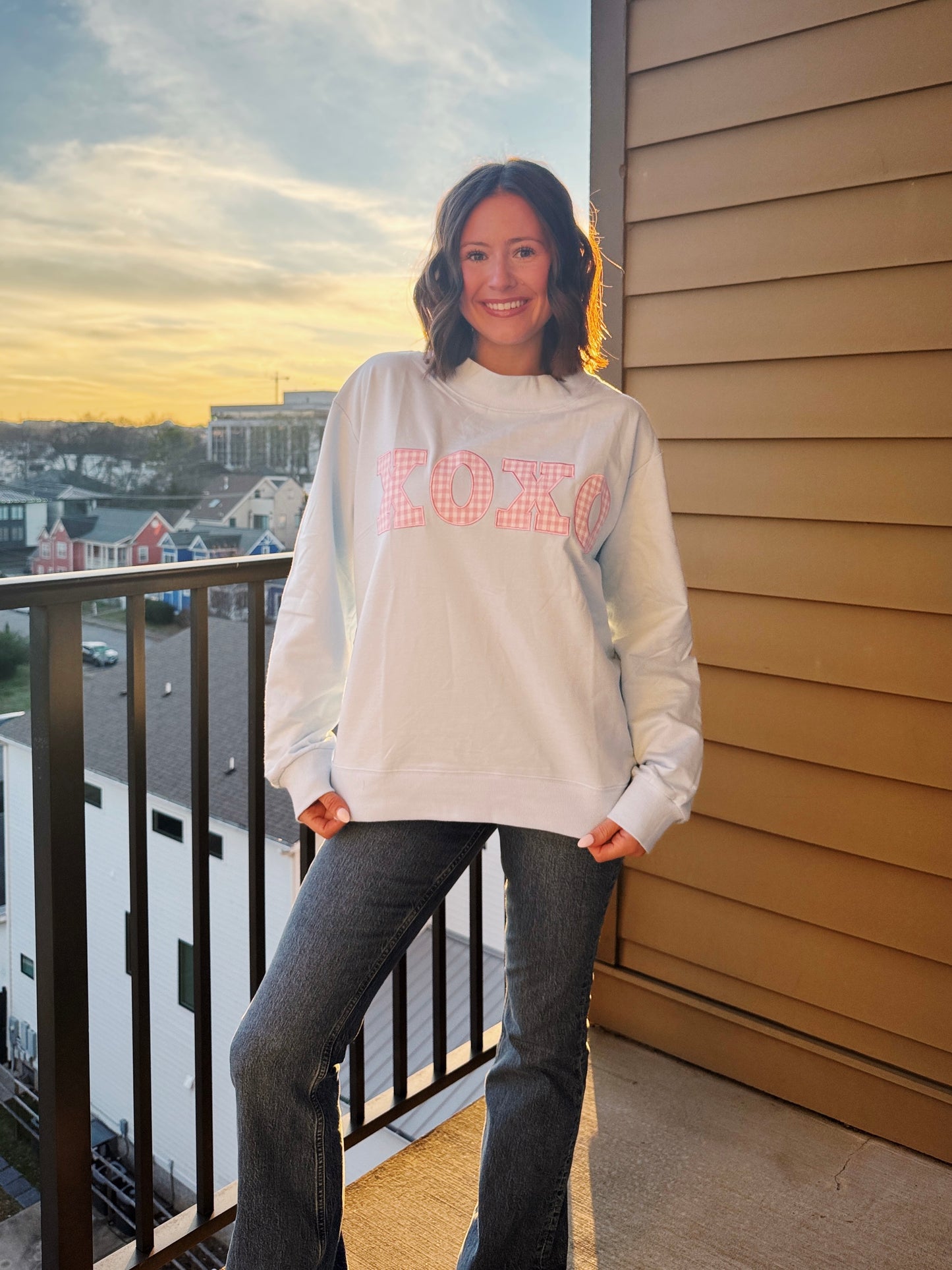 XOXO Gingham Mock Neck Sweatshirt