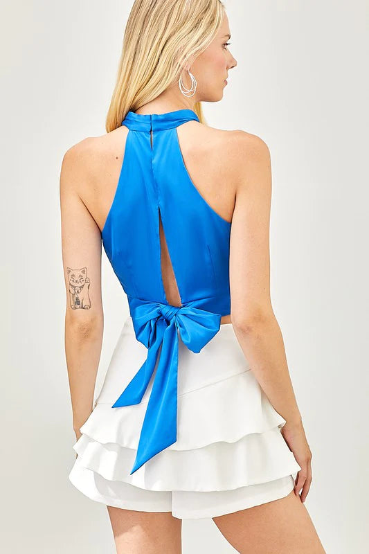 No Feeling Blue Satin Cutout Top