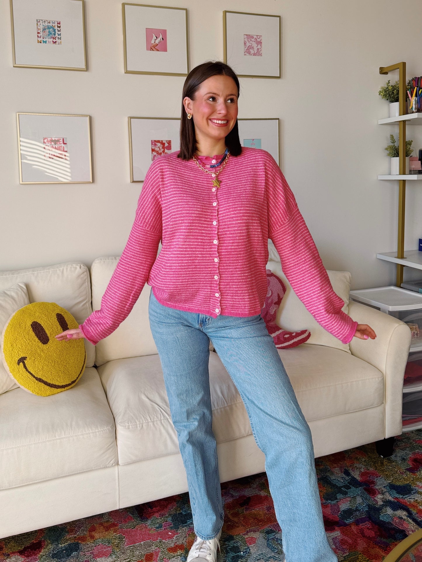 Coffee Run Pinstriped Button Down Cardigan