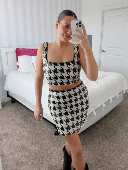 Double Trouble Sequin Houndstooth Top & Skirt Set