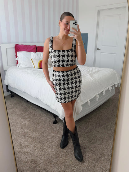 Double Trouble Sequin Houndstooth Top & Skirt Set