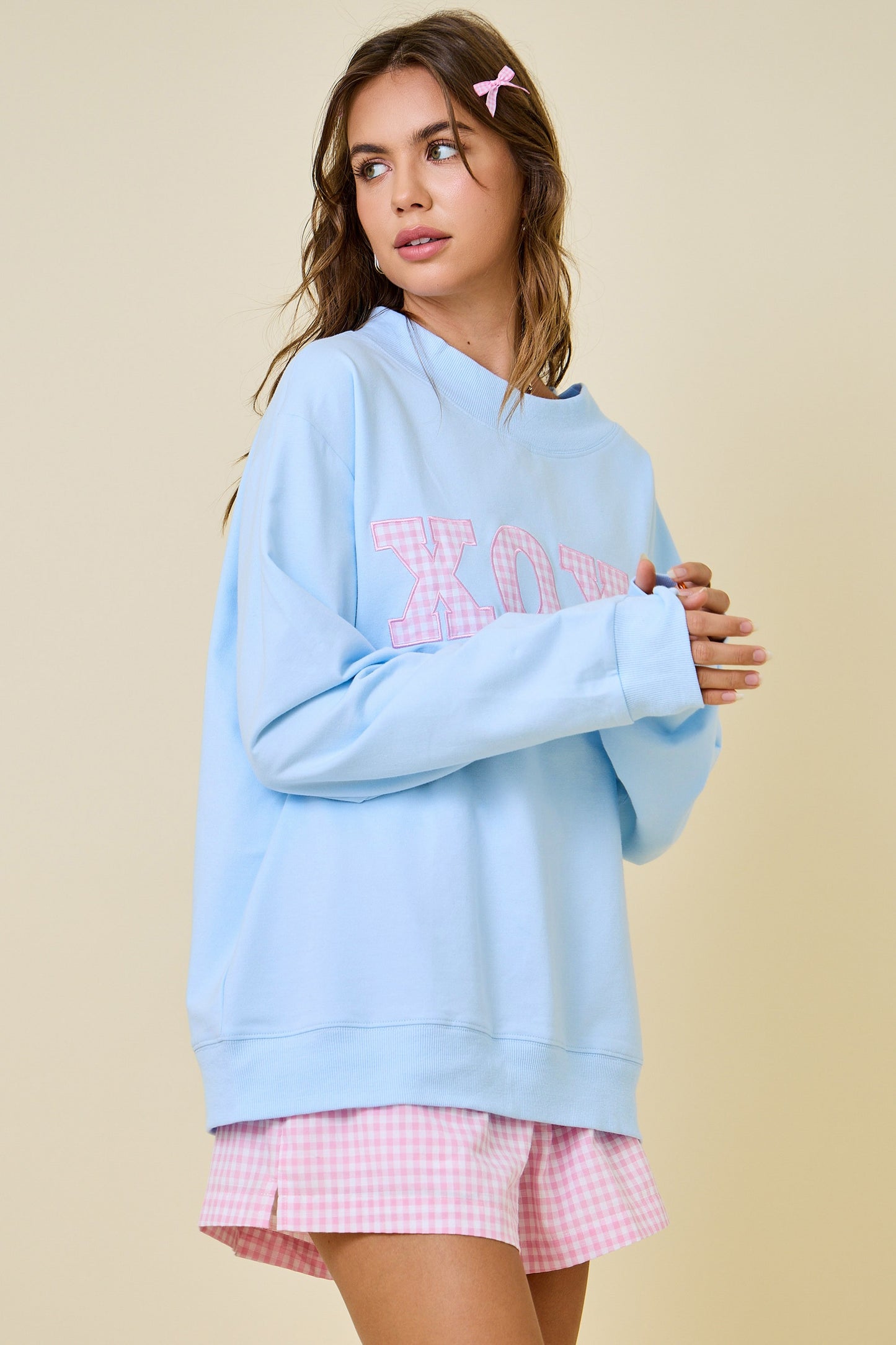 XOXO Gingham Mock Neck Sweatshirt