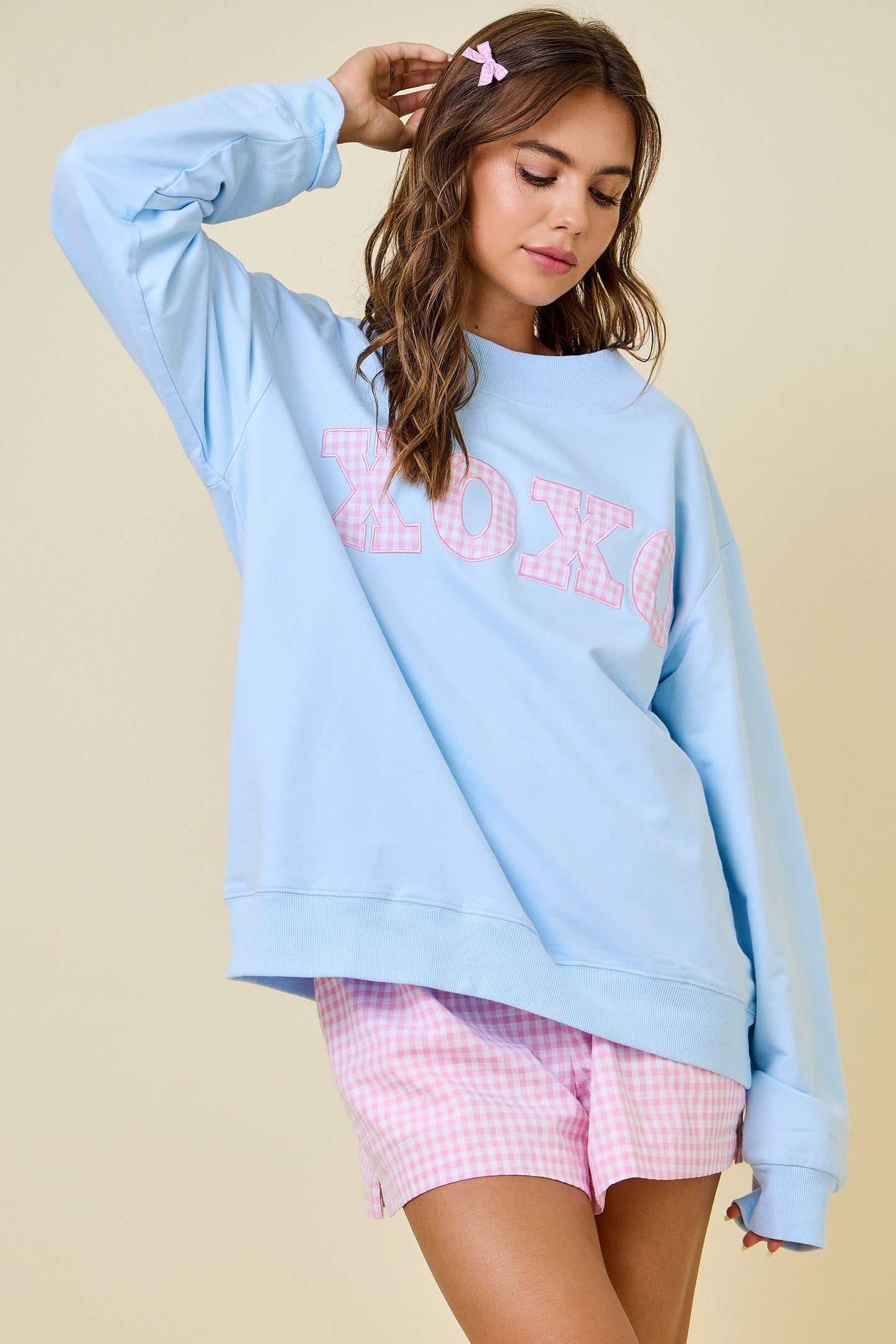 XOXO Gingham Mock Neck Sweatshirt