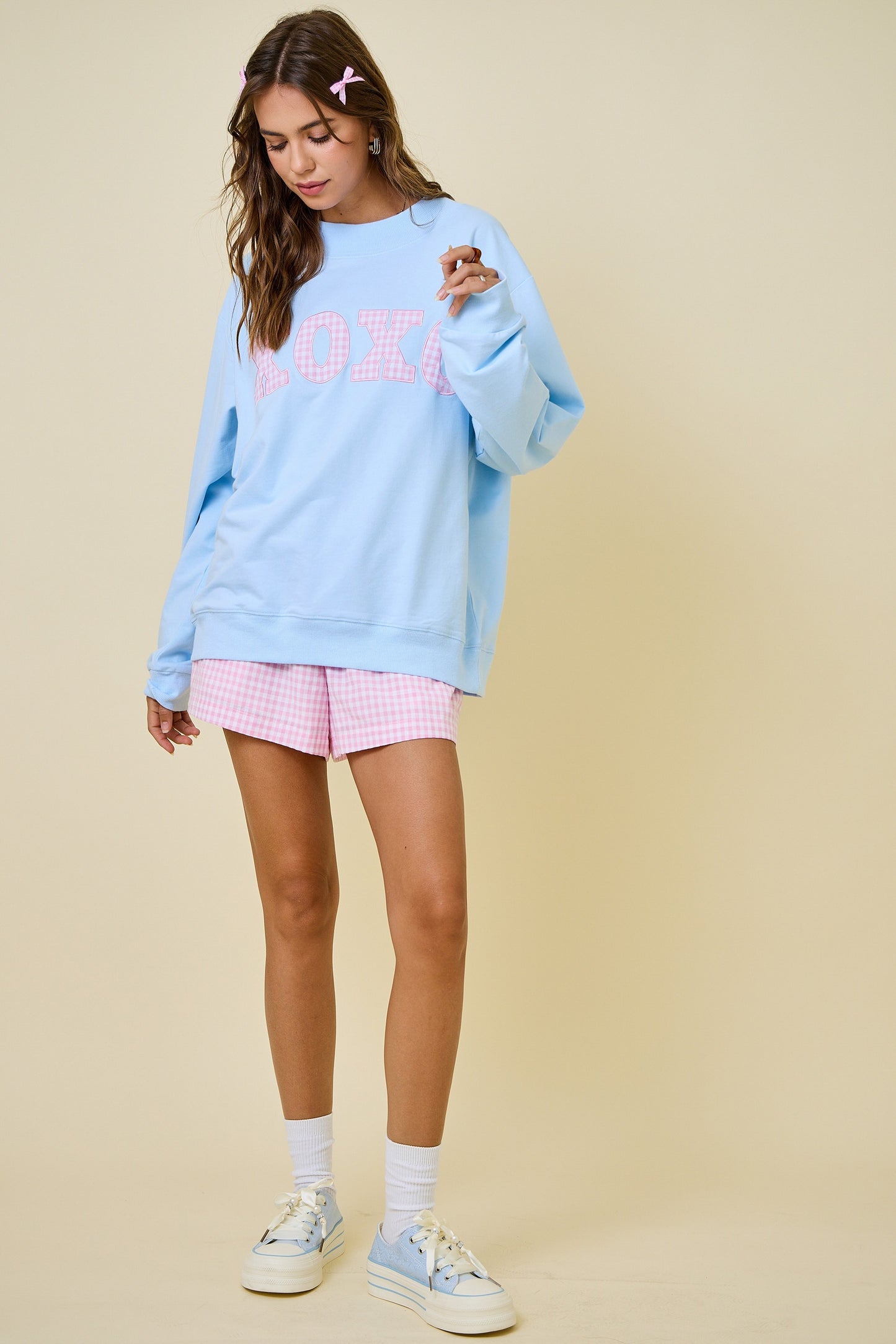 XOXO Gingham Mock Neck Sweatshirt