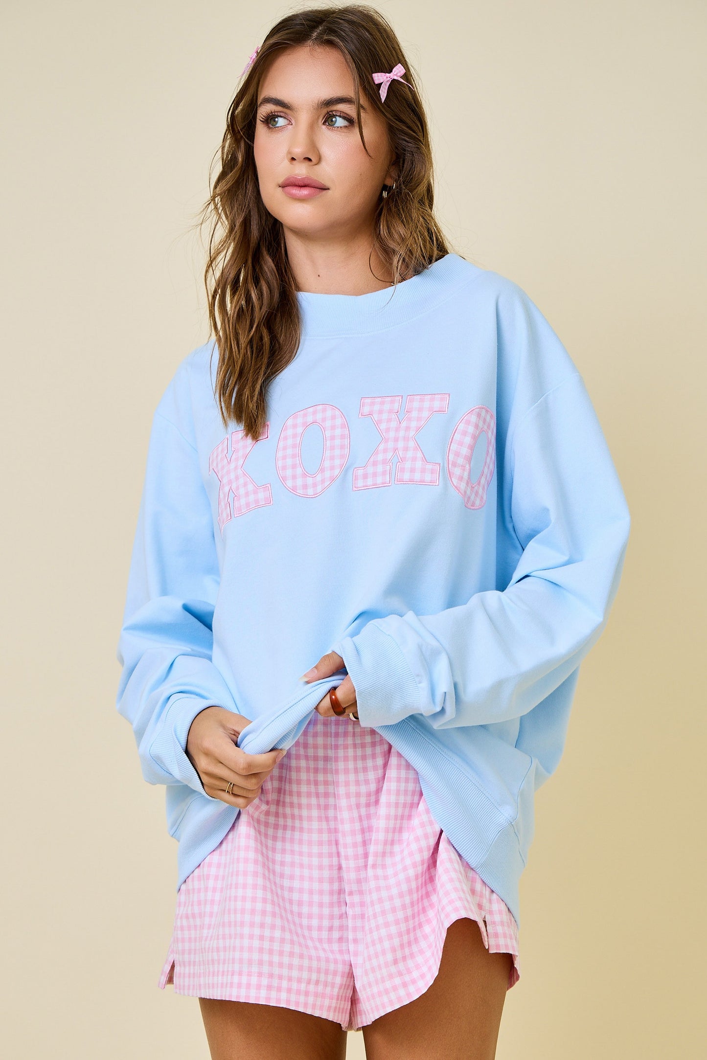 XOXO Gingham Mock Neck Sweatshirt