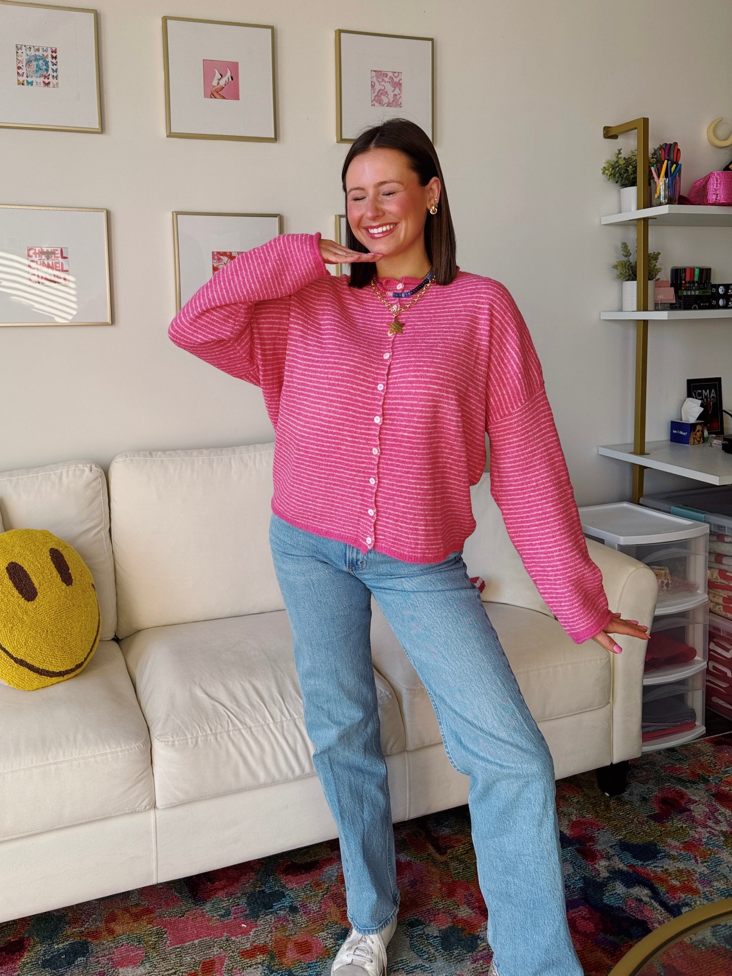 Coffee Run Pinstriped Button Down Cardigan