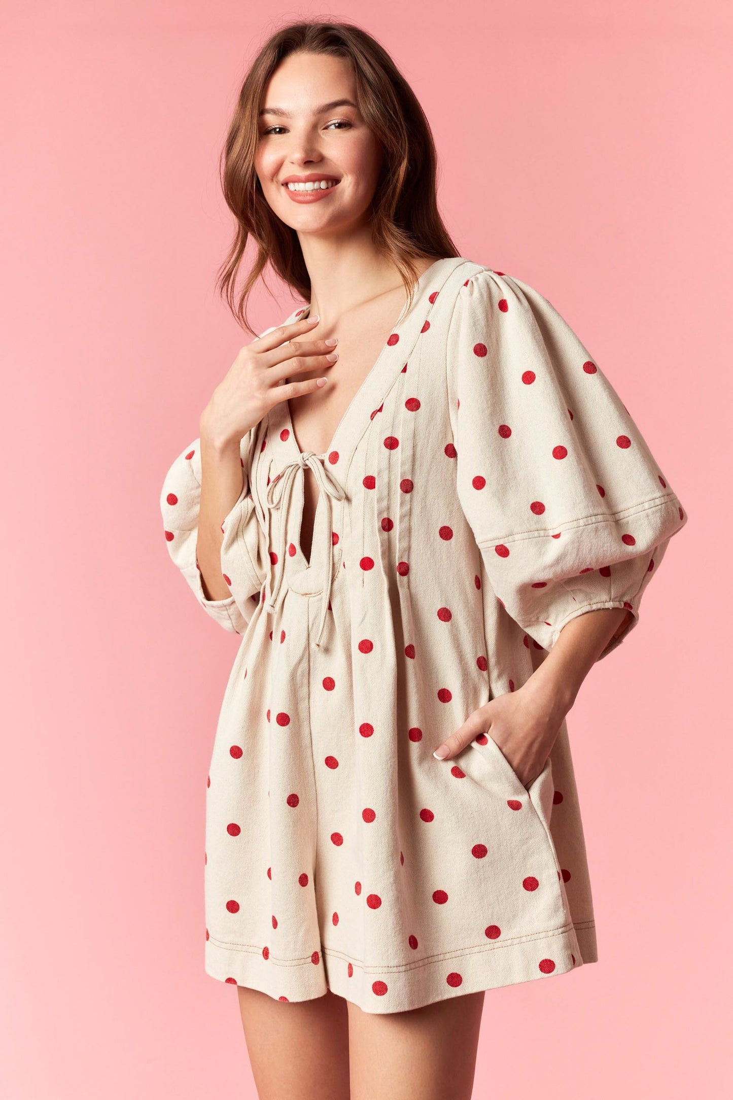 Sweetheart Spotted Twill Denim Romper
