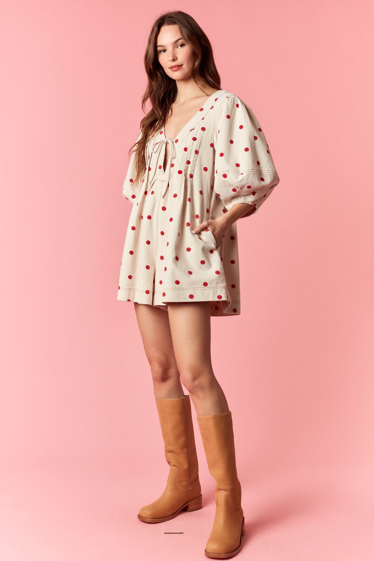 Sweetheart Spotted Twill Denim Romper