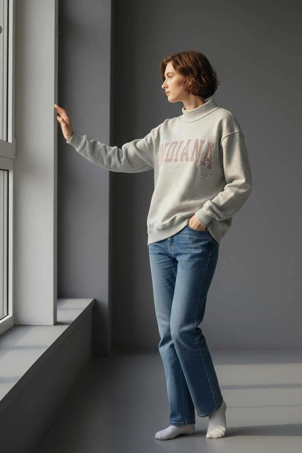 Pinstripe Embroidered Indiana Mock Neck Sweatshirt