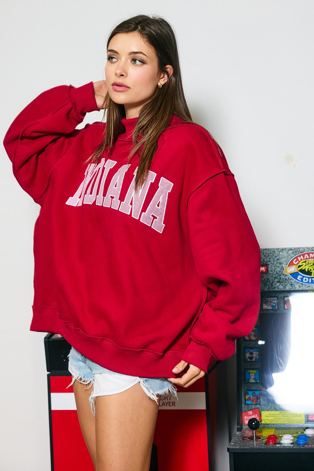 PREORDER: Pinstripe Embroidered Indiana Mock Neck Sweatshirt (LATE JUNE)